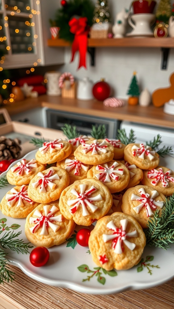 A platter of decorated Christmas cookies with peppermint candies, set in a festive kitchen.